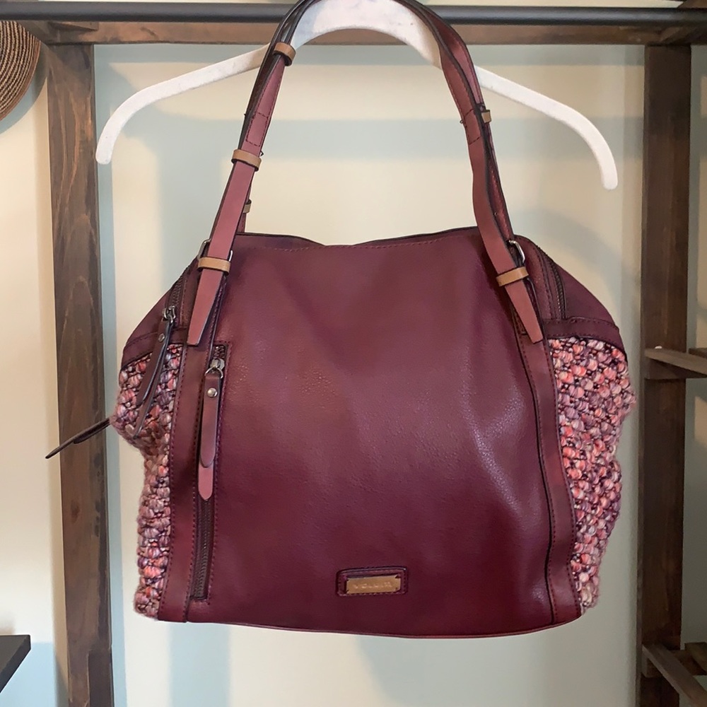 Volum Burgundy Vegan Leather and Tweed Shoulder Bag
